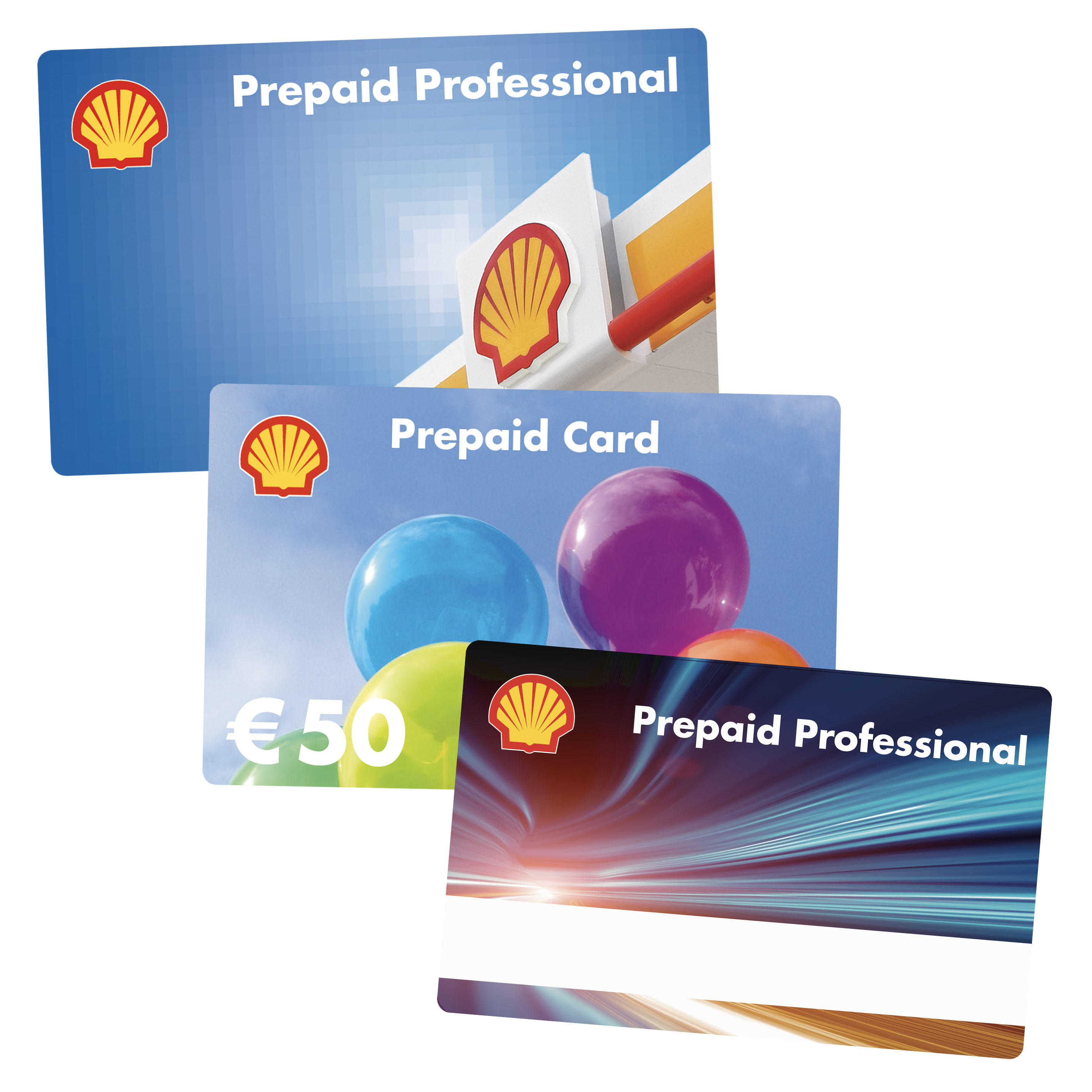 Abgebildet sind drei unterschiedliche Karten der Shell Prepaid Card, die alle für den steuerfreien Sachbezug verwendet werden können.