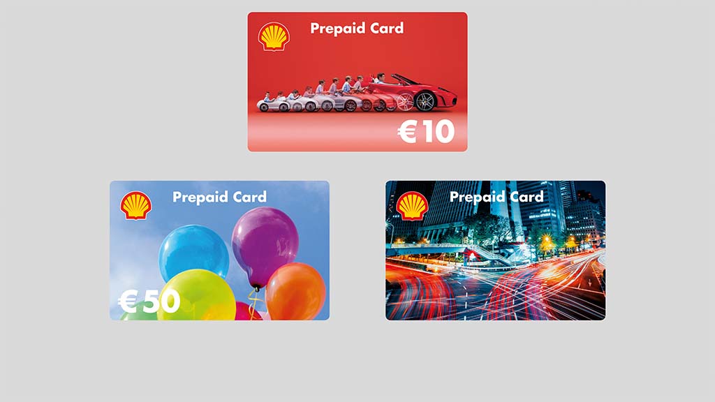 Foto: Shell Prepaid Cards – Abbildungen der Gutscheine im Scheckkartenformat zur Seitenverlinkung "Zur Bestellung der Shell Prepaid Card"
